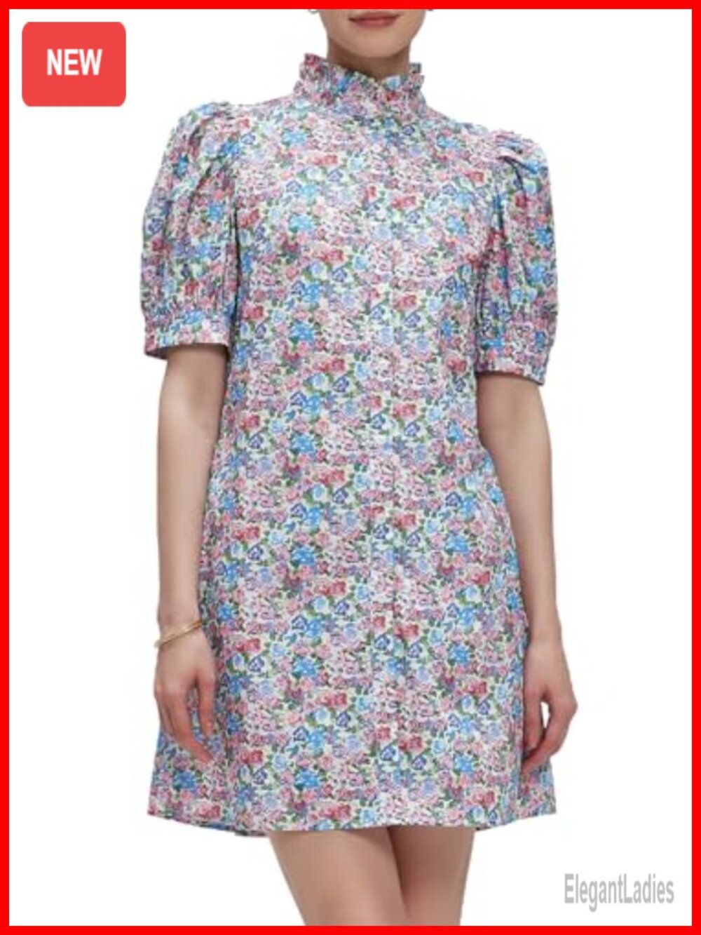 Women's Floral Shift Mini Dress 100% Cotton Button Front Short Puff Sleeve